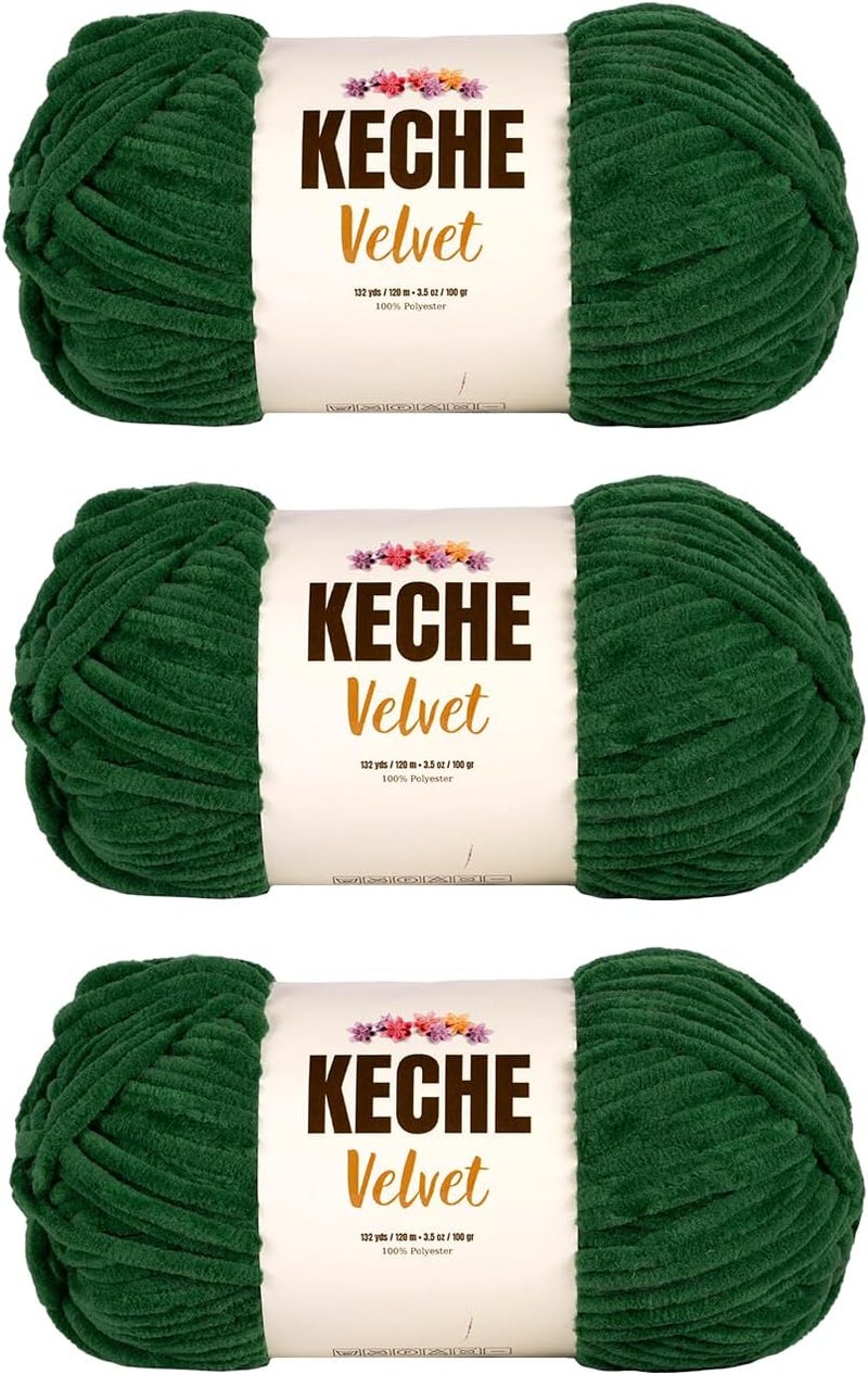 KECHE Velvet Yarn for Crocheting, Soft Chenille Bulky Baby Blanket Amigurumi Yarn 3x100 gr (3x132 yds) (3- Skeins) - Green - Image 1